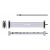 Dock/Hub USB-C Manhattan con lector de tarjetas y MST, conexiones (x7): Ethernet, HDMI (x2 4K@60Hz), USB-A (x3) y USB-C, con Power Delivery (PD) 100 W – requiere cargador USB-C externo (no incluido). Alimentado por USB (no requiere fuente de alimentación externa) cuando no se utiliza PD
