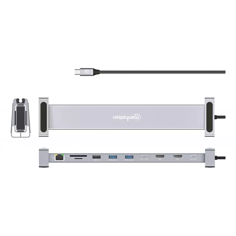 Dock/Hub USB-C Manhattan con lector de tarjetas y MST, conexiones (x7): Ethernet, HDMI (x2 4K@60Hz), USB-A (x3) y USB-C, con Power Delivery (PD) 100 W – requiere cargador USB-C externo (no incluido). Alimentado por USB (no requiere fuente de alimentación externa) cuando no se utiliza PD