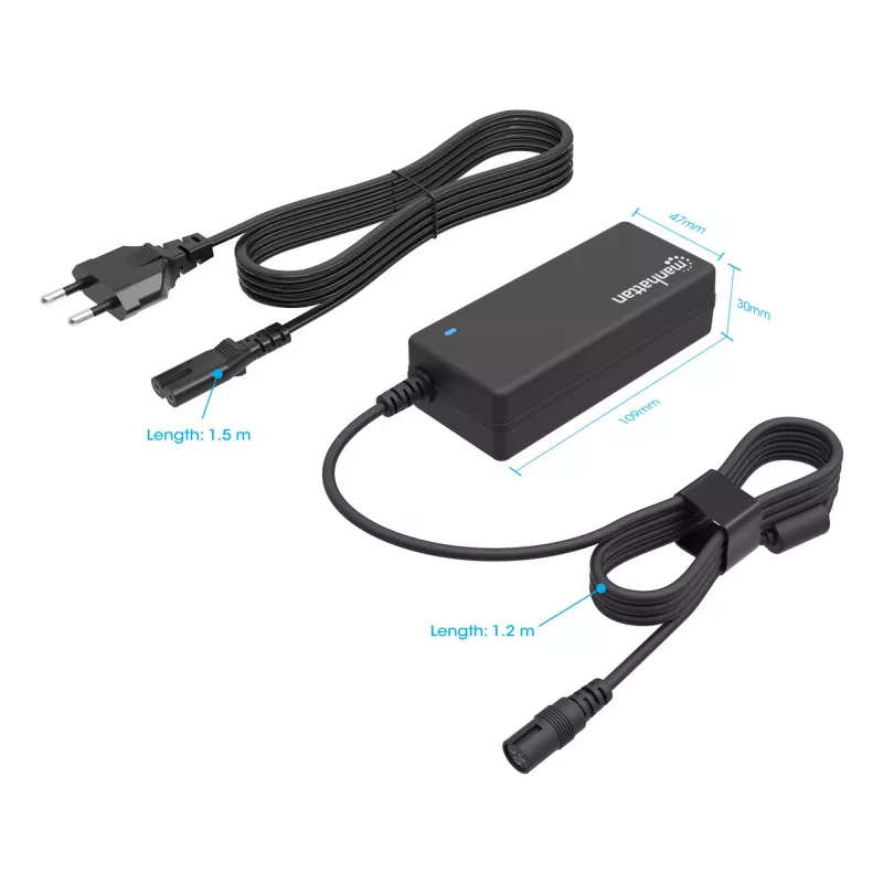 Fuente de alimentación universal para portátil/notebook Manhattan UE, 65 W, automática con 9 puntas de conector, compatible con la mayoría de portátiles, ideal como fuente de alimentación de repuesto, cable de red UE, compatible con, entre otros: Acer, Asus, Dell, Fujitsu, HP, Lenovo, Samsung, Toshiba y más