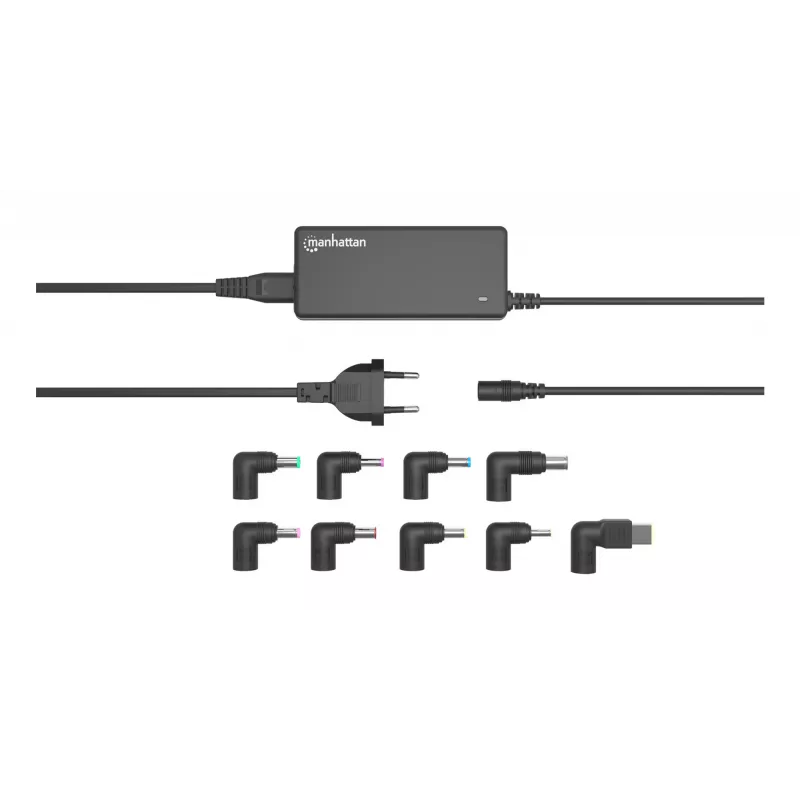Fuente de alimentación universal para portátil/notebook Manhattan UE, 65 W, automática con 9 puntas de conector, compatible con la mayoría de portátiles, ideal como fuente de alimentación de repuesto, cable de red UE, compatible con, entre otros: Acer, Asus, Dell, Fujitsu, HP, Lenovo, Samsung, Toshiba y más
