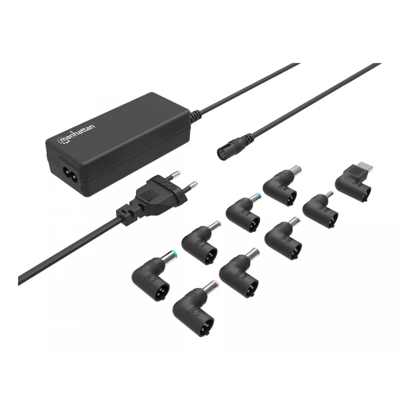Fuente de alimentación universal para portátil/notebook Manhattan UE, 65 W, automática con 9 puntas de conector, compatible con la mayoría de portátiles, ideal como fuente de alimentación de repuesto, cable de red UE, compatible con, entre otros: Acer, Asus, Dell, Fujitsu, HP, Lenovo, Samsung, Toshiba y más