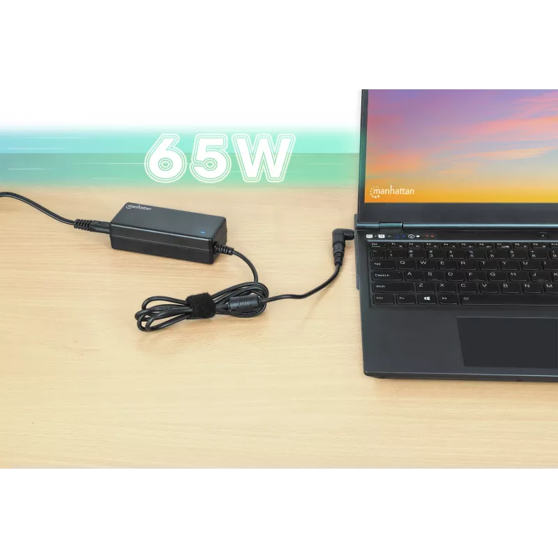 Fuente de alimentación universal para portátil/notebook Manhattan UE, 65 W, automática con 9 puntas de conector, compatible con la mayoría de portátiles, ideal como fuente de alimentación de repuesto, cable de red UE, compatible con, entre otros: Acer, Asus, Dell, Fujitsu, HP, Lenovo, Samsung, Toshiba y más