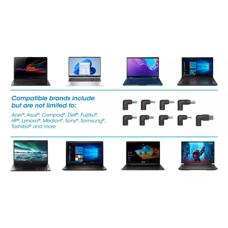 Fuente de alimentación universal para portátil/notebook Manhattan UE, 65 W, automática con 9 puntas de conector, compatible con la mayoría de portátiles, ideal como fuente de alimentación de repuesto, cable de red UE, compatible con, entre otros: Acer, Asus, Dell, Fujitsu, HP, Lenovo, Samsung, Toshiba y más