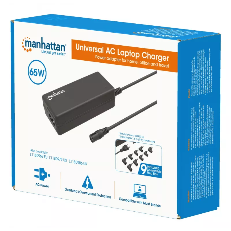 Fuente de alimentación universal para portátil/notebook Manhattan UE, 65 W, automática con 9 puntas de conector, compatible con la mayoría de portátiles, ideal como fuente de alimentación de repuesto, cable de red UE, compatible con, entre otros: Acer, Asus, Dell, Fujitsu, HP, Lenovo, Samsung, Toshiba y más