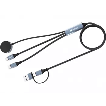 Cable de carga de viaje 3 en 1 Sandberg 100W, 1,2 m, USB A/USB C, negro