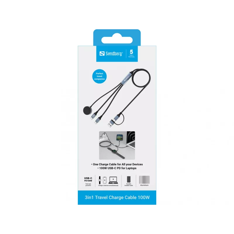 Cable de carga de viaje 3 en 1 Sandberg 100W, 1,2 m, USB A/USB C, negro