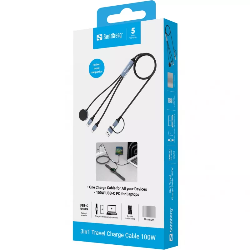 Cable de carga de viaje 3 en 1 Sandberg 100W, 1,2 m, USB A/USB C, negro