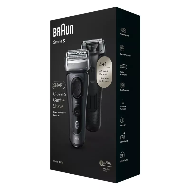 Braun Series 8 8513s Afeitadora en húmedo y en seco con base de carga y estuche de viaje, gris fjord