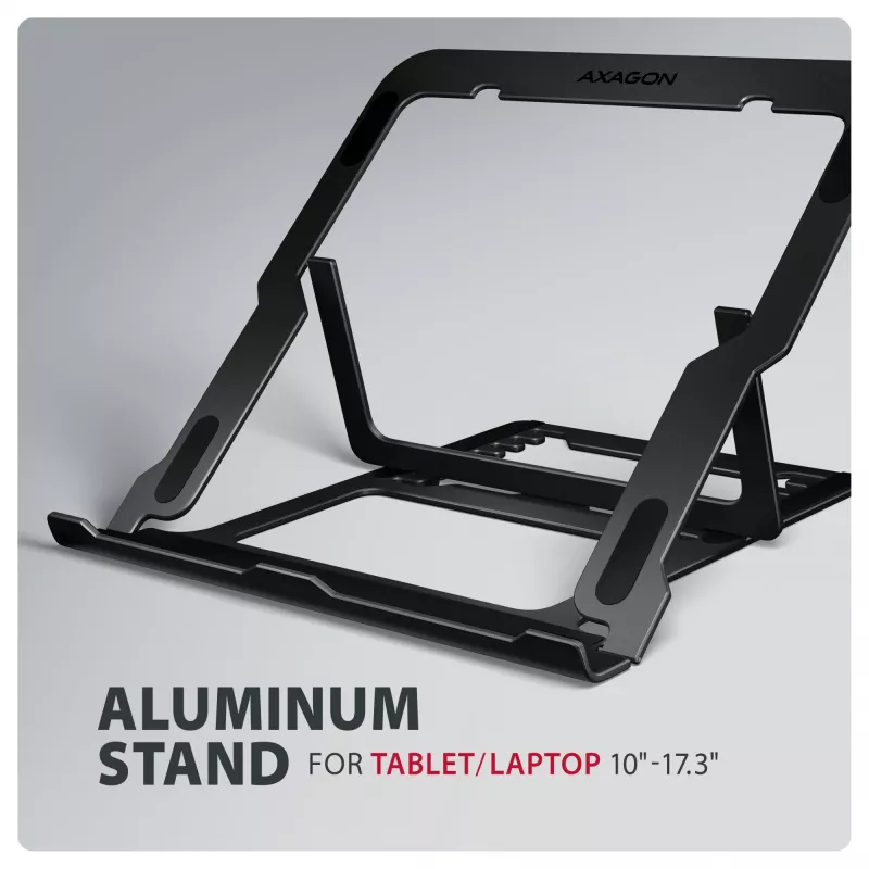 Soporte para portátil de aluminio Axagon STND-LAB tamaño 10 inch–17,3 inch. Altura y ángulo ajustables en ocho posiciones. Versión negra.