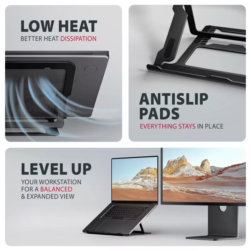 Soporte para portátil de aluminio Axagon STND-LAB tamaño 10 inch–17,3 inch. Altura y ángulo ajustables en ocho posiciones. Versión negra.