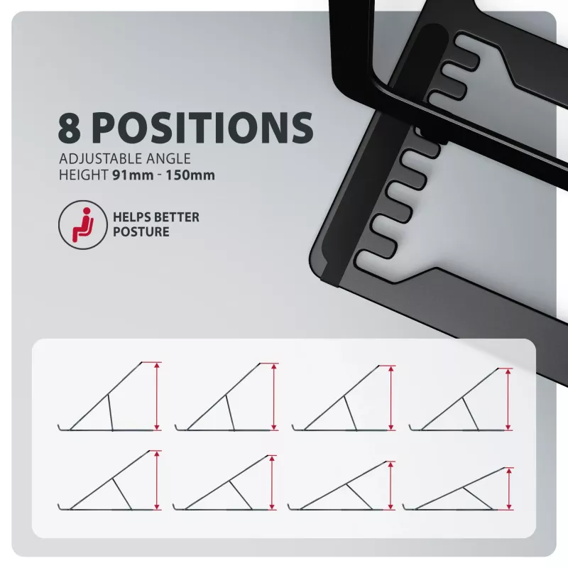 Soporte para portátil de aluminio Axagon STND-LAB tamaño 10 inch–17,3 inch. Altura y ángulo ajustables en ocho posiciones. Versión negra.