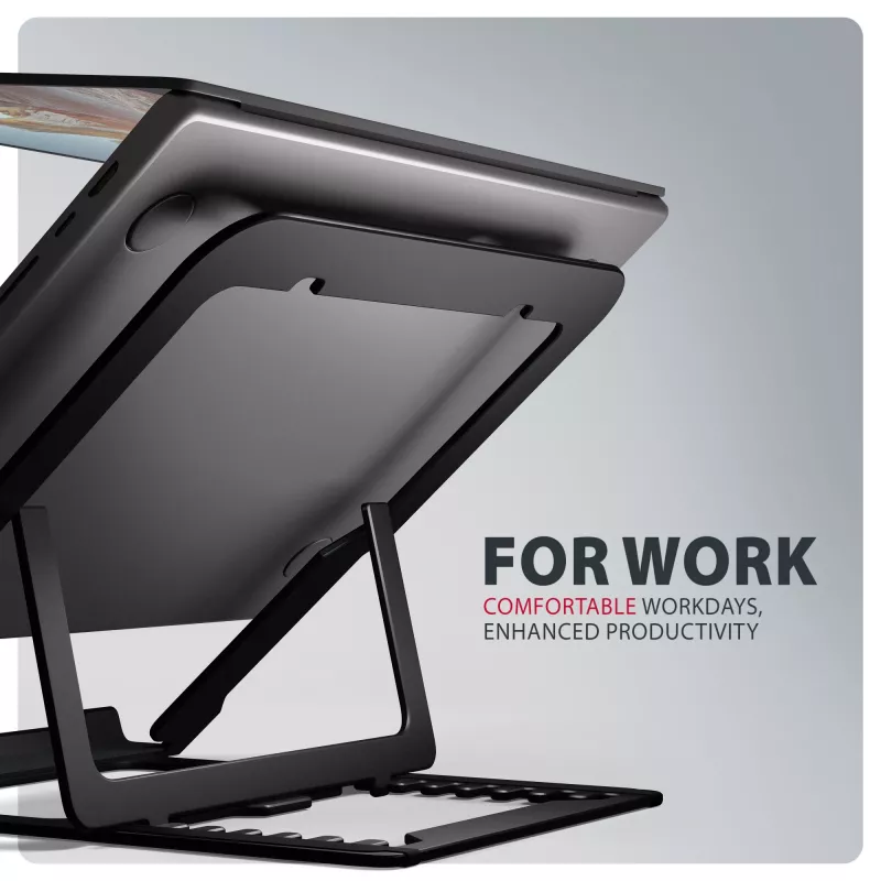 Soporte para portátil de aluminio Axagon STND-LAB tamaño 10 inch–17,3 inch. Altura y ángulo ajustables en ocho posiciones. Versión negra.