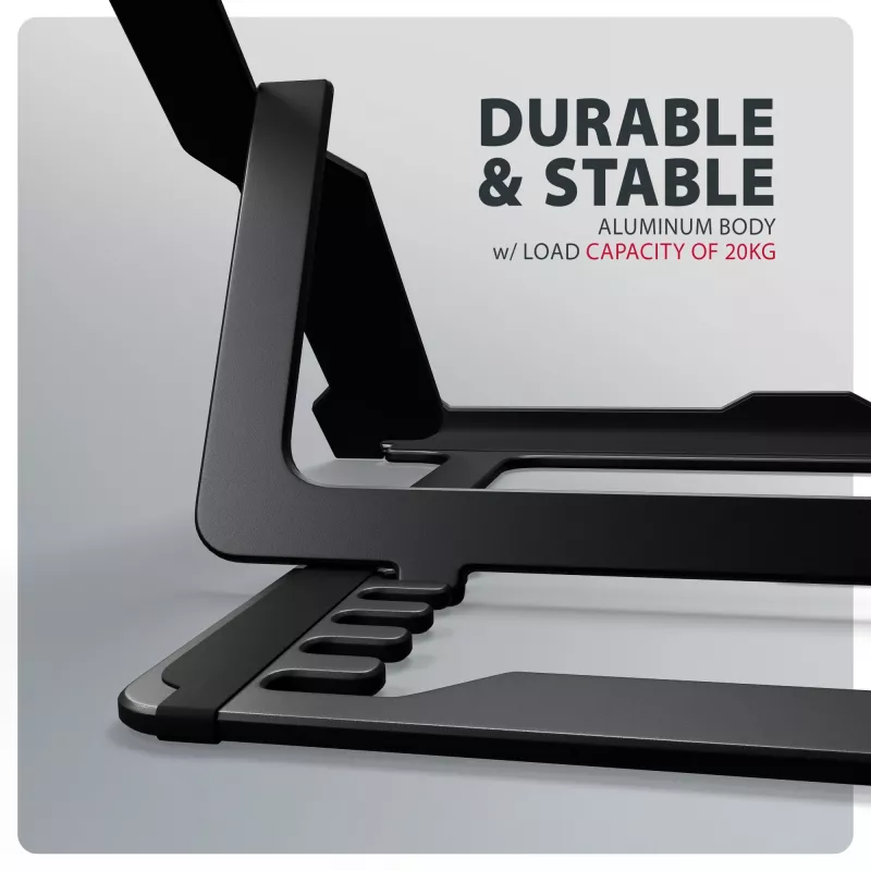 Soporte para portátil de aluminio Axagon STND-LAB tamaño 10 inch–17,3 inch. Altura y ángulo ajustables en ocho posiciones. Versión negra.