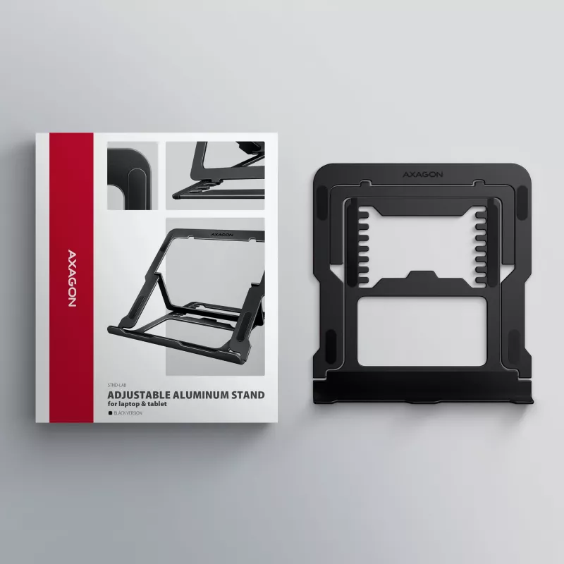 Soporte para portátil de aluminio Axagon STND-LAB tamaño 10 inch–17,3 inch. Altura y ángulo ajustables en ocho posiciones. Versión negra.