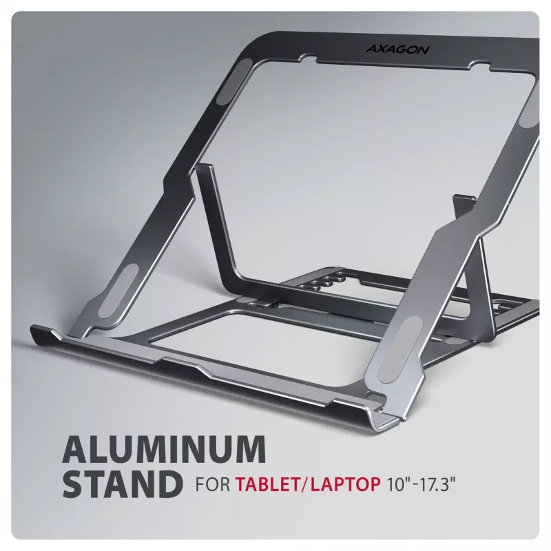 Soporte de aluminio Axagon STND-LAG para portátiles de 10 inch–17,3 inch. Ocho alturas y ángulos de inclinación ajustables. Acabado gris.
