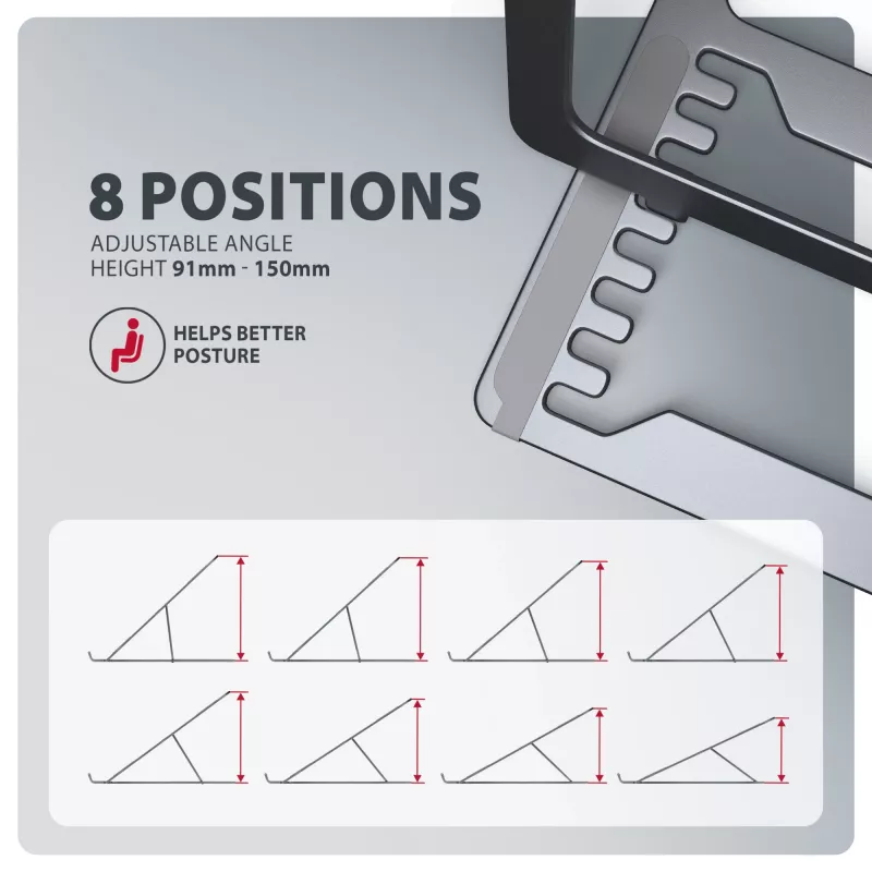 Soporte de aluminio Axagon STND-LAG para portátiles de 10 inch–17,3 inch. Ocho alturas y ángulos de inclinación ajustables. Acabado gris.