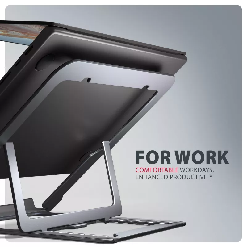 Soporte de aluminio Axagon STND-LAG para portátiles de 10 inch–17,3 inch. Ocho alturas y ángulos de inclinación ajustables. Acabado gris.