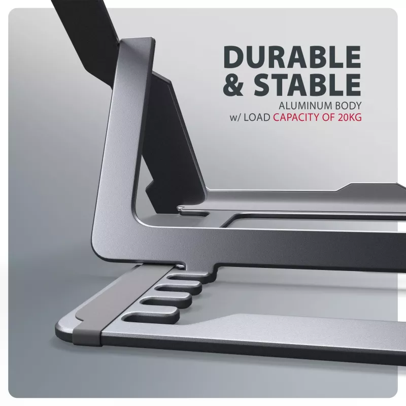 Soporte de aluminio Axagon STND-LAG para portátiles de 10 inch–17,3 inch. Ocho alturas y ángulos de inclinación ajustables. Acabado gris.
