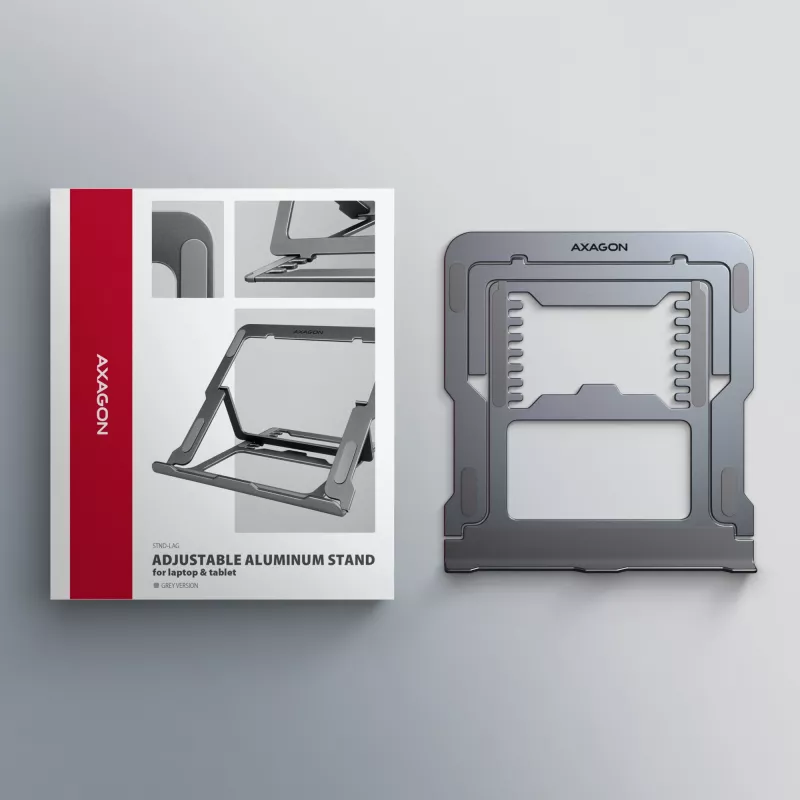 Soporte de aluminio Axagon STND-LAG para portátiles de 10 inch–17,3 inch. Ocho alturas y ángulos de inclinación ajustables. Acabado gris.