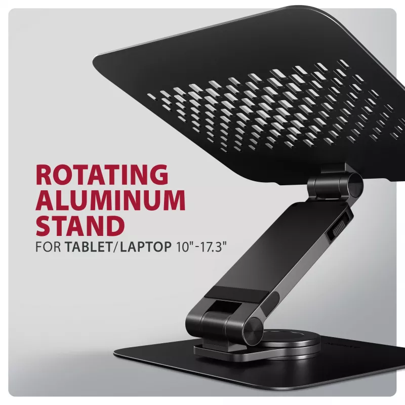 Soporte para portátil AXAGON STND-LRB — aluminio, giro 360°, para 10 inch–17,3 inch, altura ajustable hasta 26 cm, inclinación 0–180°, negro