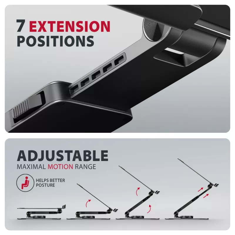 Soporte para portátil AXAGON STND-LRB — aluminio, giro 360°, para 10 inch–17,3 inch, altura ajustable hasta 26 cm, inclinación 0–180°, negro