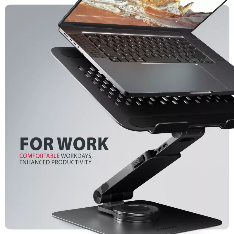 Soporte para portátil AXAGON STND-LRB — aluminio, giro 360°, para 10 inch–17,3 inch, altura ajustable hasta 26 cm, inclinación 0–180°, negro