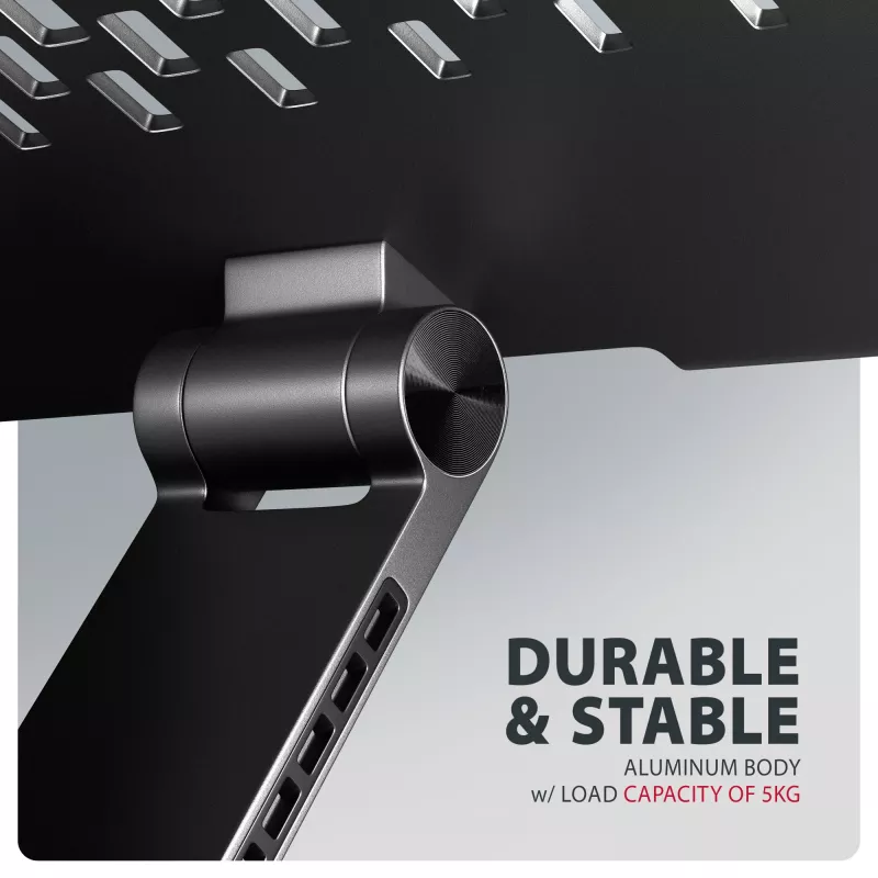 Soporte para portátil AXAGON STND-LRB — aluminio, giro 360°, para 10 inch–17,3 inch, altura ajustable hasta 26 cm, inclinación 0–180°, negro