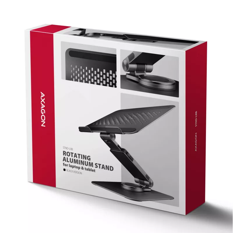 Soporte para portátil AXAGON STND-LRB — aluminio, giro 360°, para 10 inch–17,3 inch, altura ajustable hasta 26 cm, inclinación 0–180°, negro