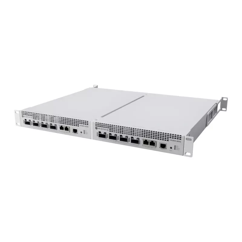 Switch de red MikroTik CRS804-4DDQ-HRM — 10G Ethernet RJ-45 2 puertos, consola RJ-45, gris