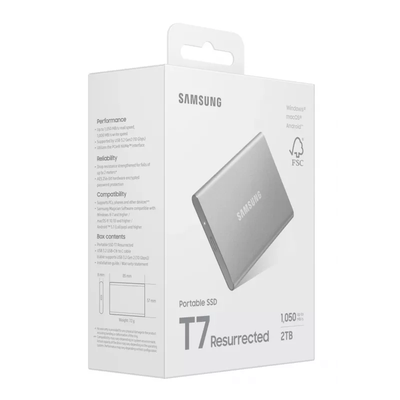 Unidad de estado sólido externa Samsung MU-PD2T0G/WW 2 TB USB Type-C 3.2 Gen 2 (3.1 Gen 2) plata
