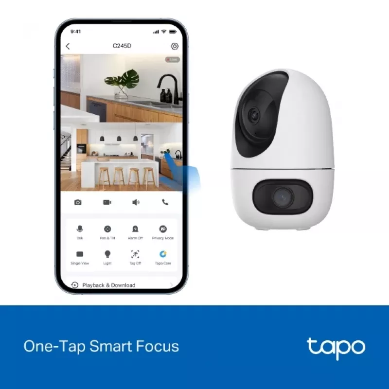Cámara de vigilancia IP TP-Link Tapo C245D 2304×1296, objetivo de 3,1 mm, 104,3° hor., montaje en techo/pared, inalámbrica, interior, blanca