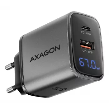 Cargador de pared AXAGON ACU-PQ67D, 67W, USB-C PD3.0 + USB-A QC4+, 2 salidas, pantalla LCD, 100–240V