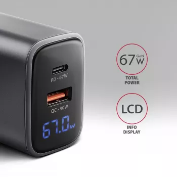 Cargador de pared AXAGON ACU-PQ67D, 67W, USB-C PD3.0 + USB-A QC4+, 2 salidas, pantalla LCD, 100–240V