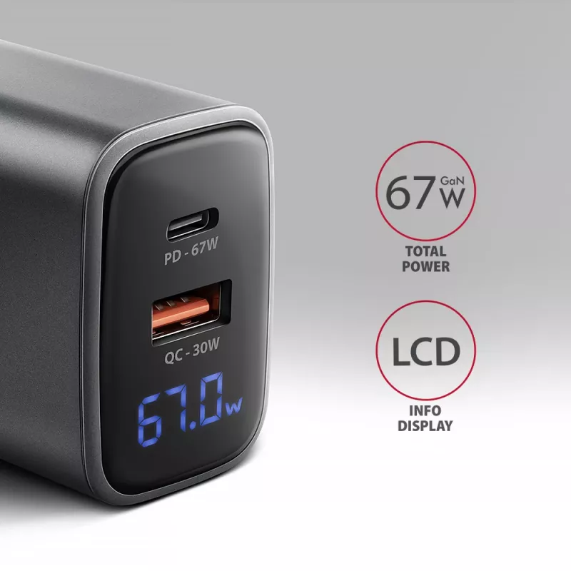Cargador de pared AXAGON ACU-PQ67D, 67W, USB-C PD3.0 + USB-A QC4+, 2 salidas, pantalla LCD, 100–240V
