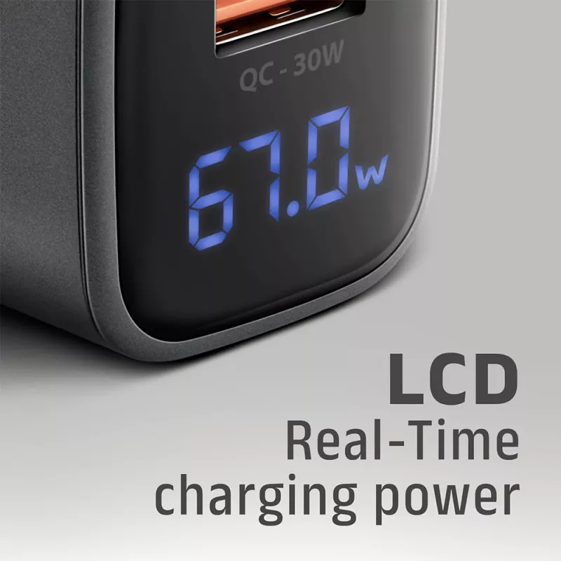 Cargador de pared AXAGON ACU-PQ67D, 67W, USB-C PD3.0 + USB-A QC4+, 2 salidas, pantalla LCD, 100–240V