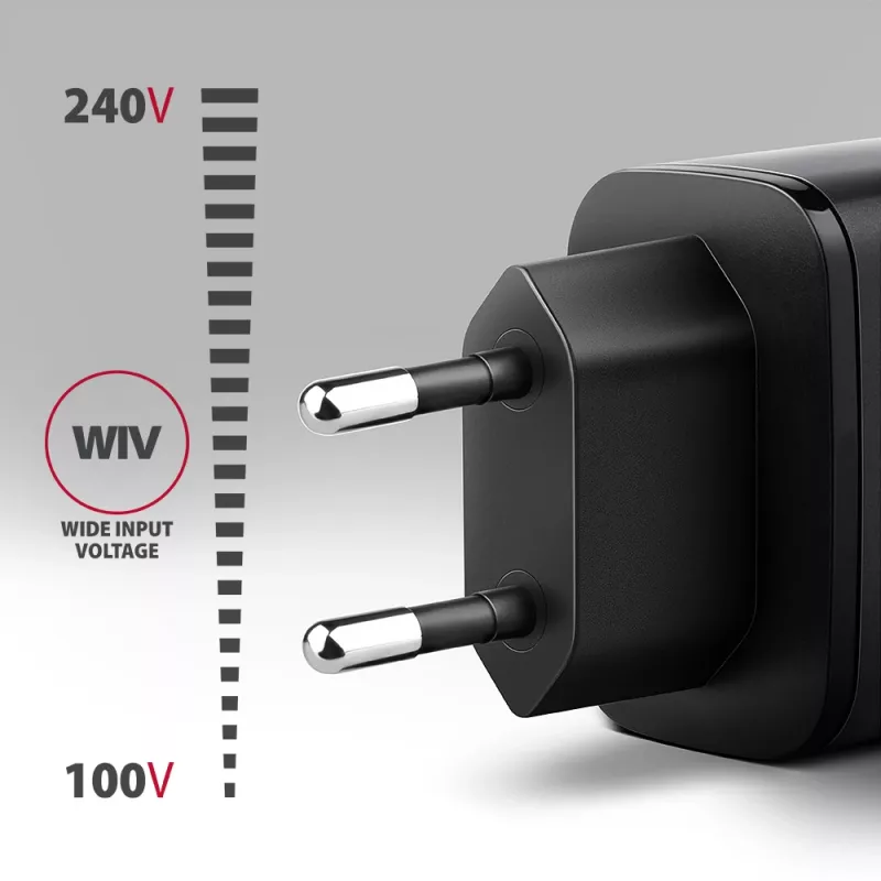 Cargador de pared AXAGON ACU-PQ67D, 67W, USB-C PD3.0 + USB-A QC4+, 2 salidas, pantalla LCD, 100–240V