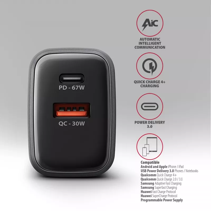 Cargador de pared AXAGON ACU-PQ67D, 67W, USB-C PD3.0 + USB-A QC4+, 2 salidas, pantalla LCD, 100–240V