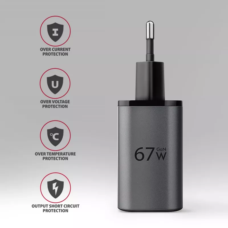 Cargador de pared AXAGON ACU-PQ67D, 67W, USB-C PD3.0 + USB-A QC4+, 2 salidas, pantalla LCD, 100–240V