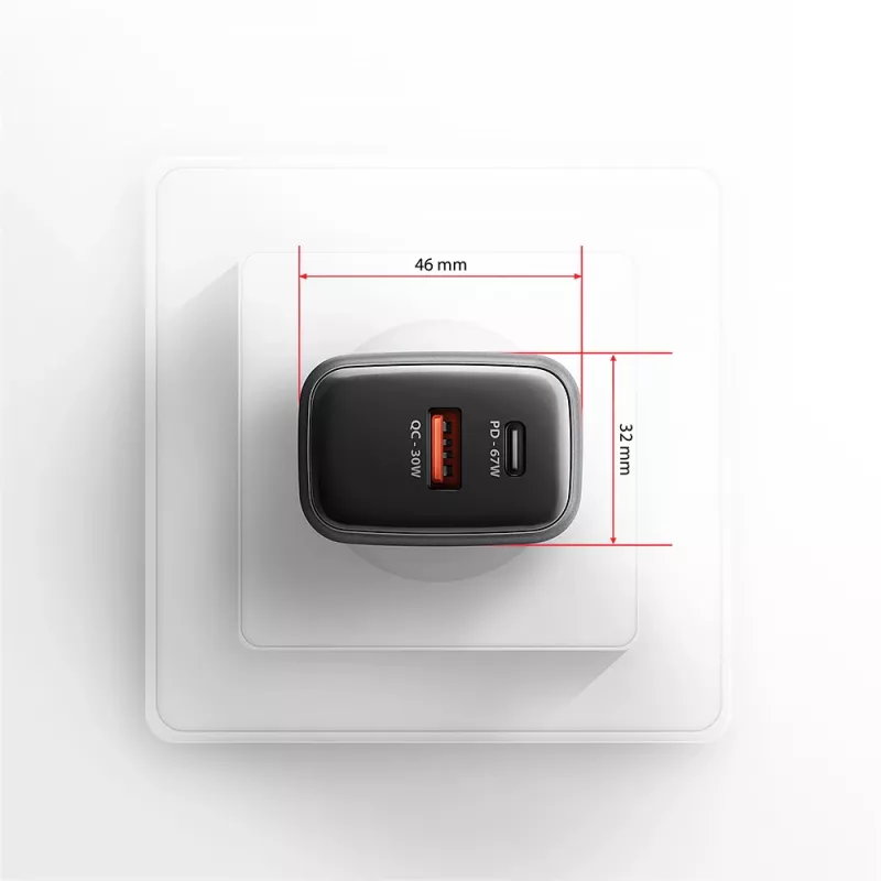 Cargador de pared AXAGON ACU-PQ67D, 67W, USB-C PD3.0 + USB-A QC4+, 2 salidas, pantalla LCD, 100–240V