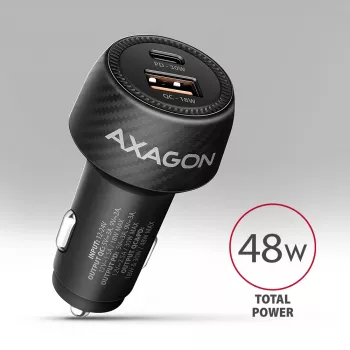 Cargador de coche AXAGON PWC-PQ48, 48 W, USB-C (PD3.0) + USB-A (QC4+), entrada 12–24 V, negro