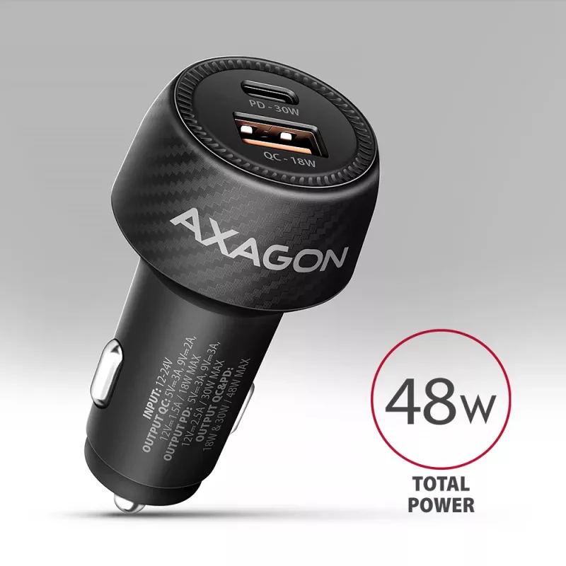 Cargador de coche AXAGON PWC-PQ48, 48 W, USB-C (PD3.0) + USB-A (QC4+), entrada 12–24 V, negro
