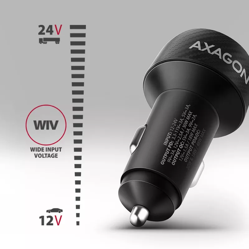 Cargador de coche AXAGON PWC-PQ48, 48 W, USB-C (PD3.0) + USB-A (QC4+), entrada 12–24 V, negro