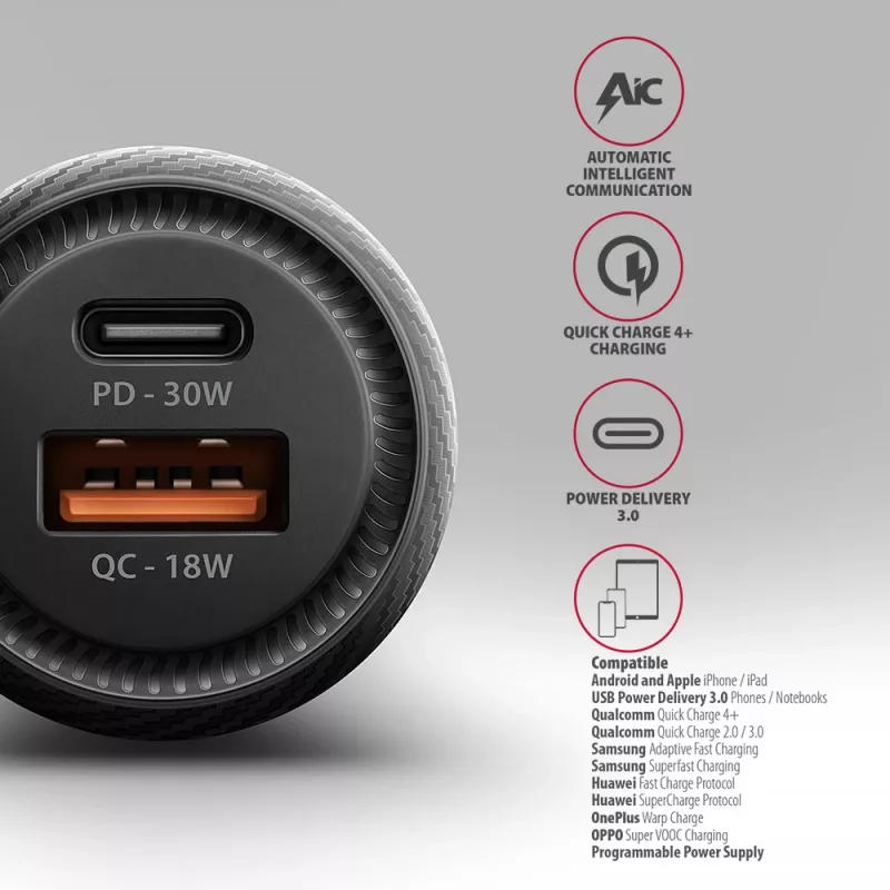 Cargador de coche AXAGON PWC-PQ48, 48 W, USB-C (PD3.0) + USB-A (QC4+), entrada 12–24 V, negro