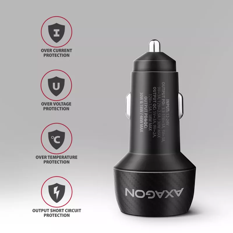 Cargador de coche AXAGON PWC-PQ48, 48 W, USB-C (PD3.0) + USB-A (QC4+), entrada 12–24 V, negro