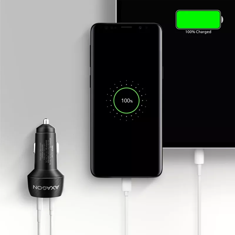 Cargador de coche AXAGON PWC-PQ48, 48 W, USB-C (PD3.0) + USB-A (QC4+), entrada 12–24 V, negro