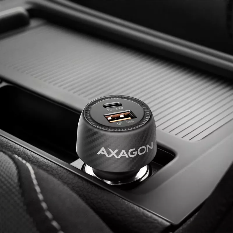 Cargador de coche AXAGON PWC-PQ48, 48 W, USB-C (PD3.0) + USB-A (QC4+), entrada 12–24 V, negro