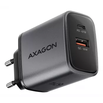 Fuente de alimentación AXAGON ACU-PQ67, 67W, PD3.0 + QC4+, 1x USB-C + 1x USB-A, 100–240V, gris/negro