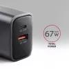Fuente de alimentación AXAGON ACU-PQ67, 67W, PD3.0 + QC4+, 1x USB-C + 1x USB-A, 100–240V, gris/negro
