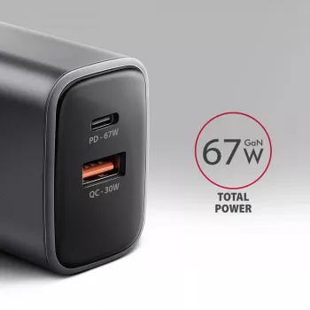 Fuente de alimentación AXAGON ACU-PQ67, 67W, PD3.0 + QC4+, 1x USB-C + 1x USB-A, 100–240V, gris/negro