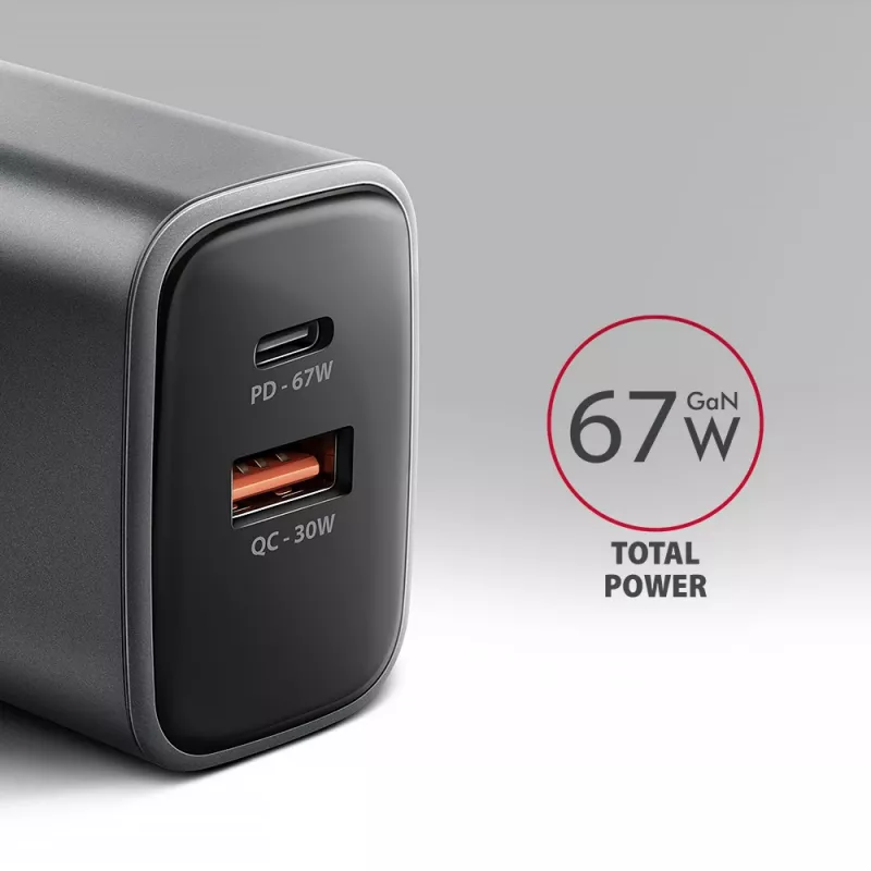 Fuente de alimentación AXAGON ACU-PQ67, 67W, PD3.0 + QC4+, 1x USB-C + 1x USB-A, 100–240V, gris/negro